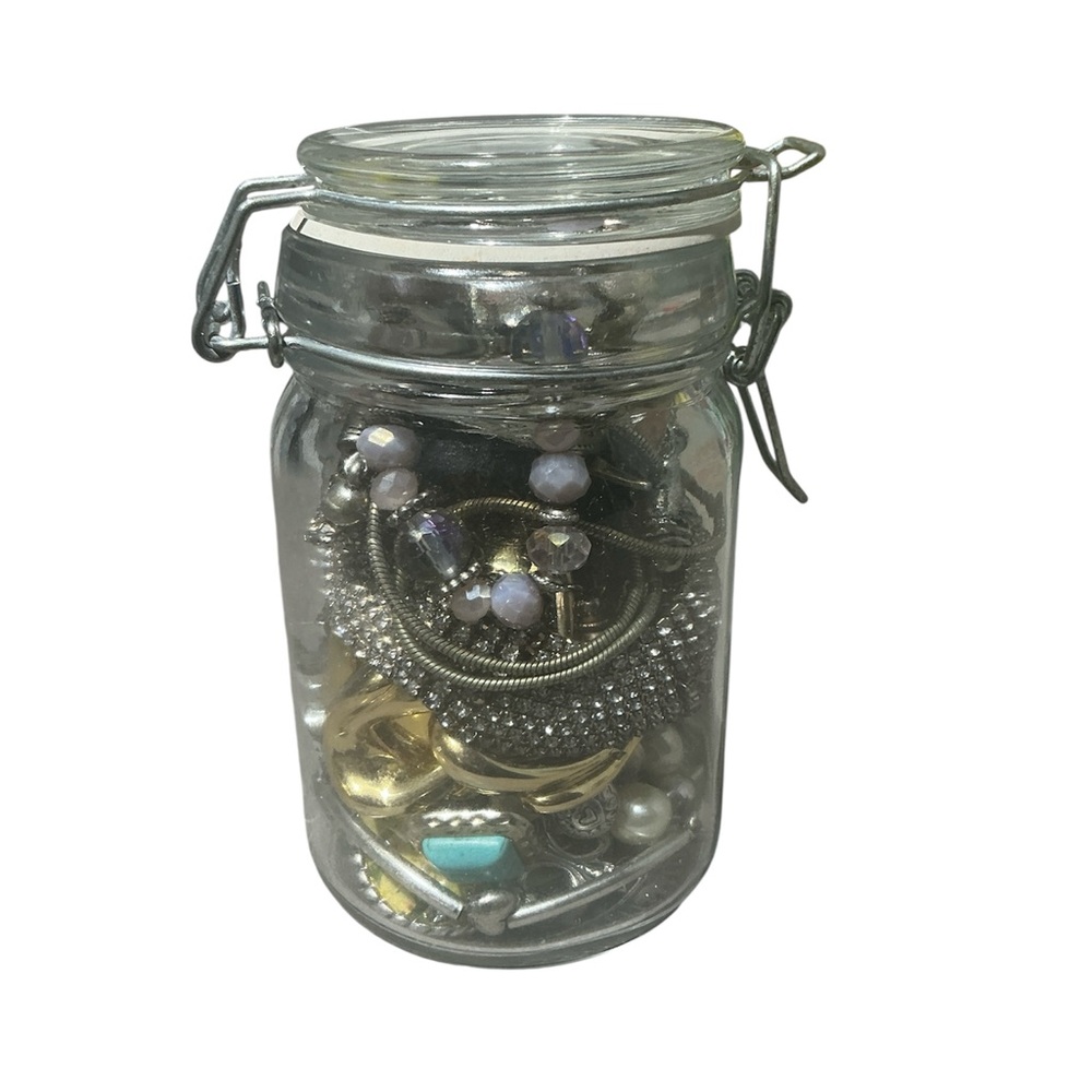 23 Piece Mystery Jewelry Jar ! Earrings Bracelets Necklaces Brooch Vintage -Now